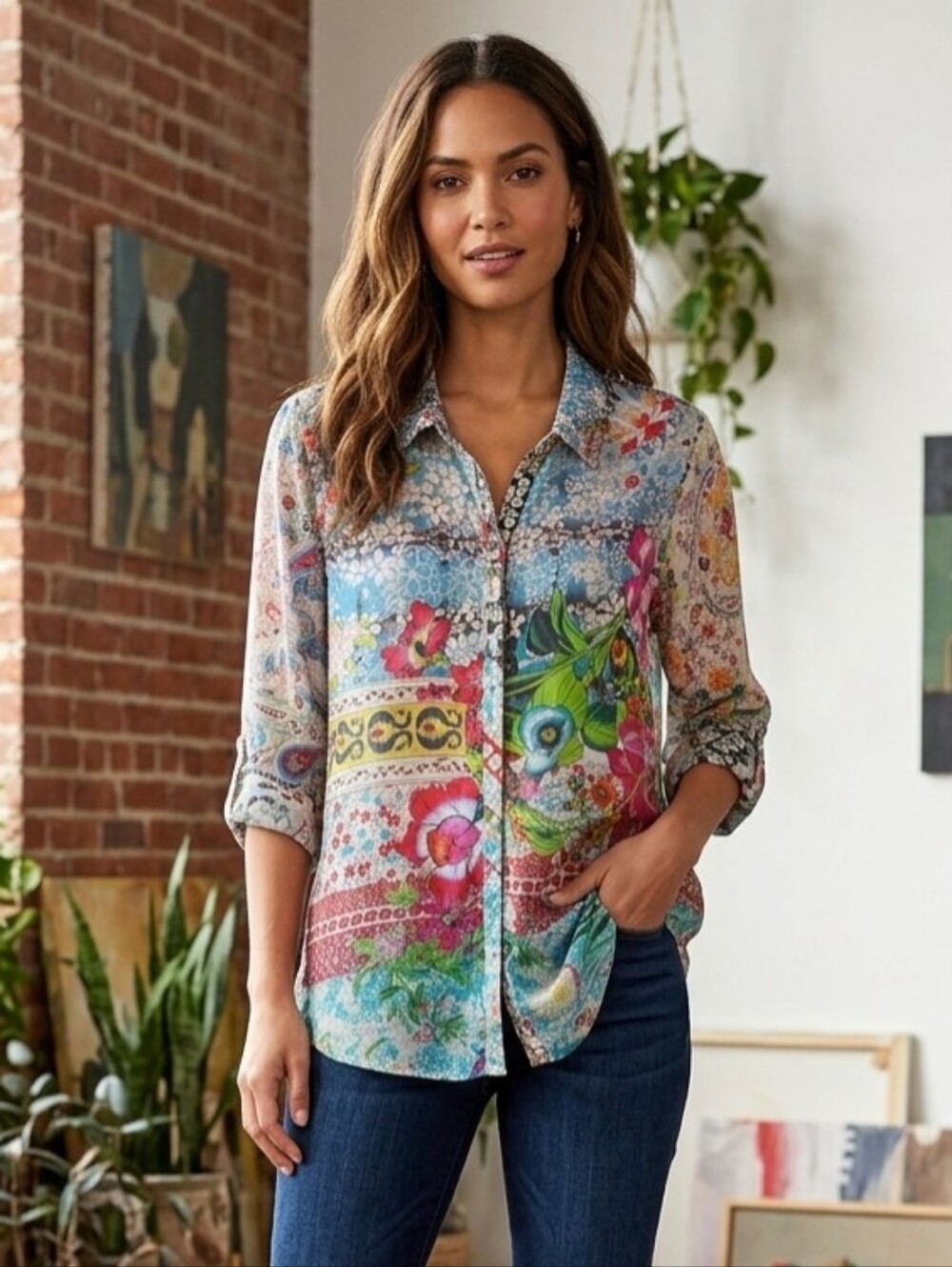 Johnny Was Blue Multicolor Floral Patchwork Blouse